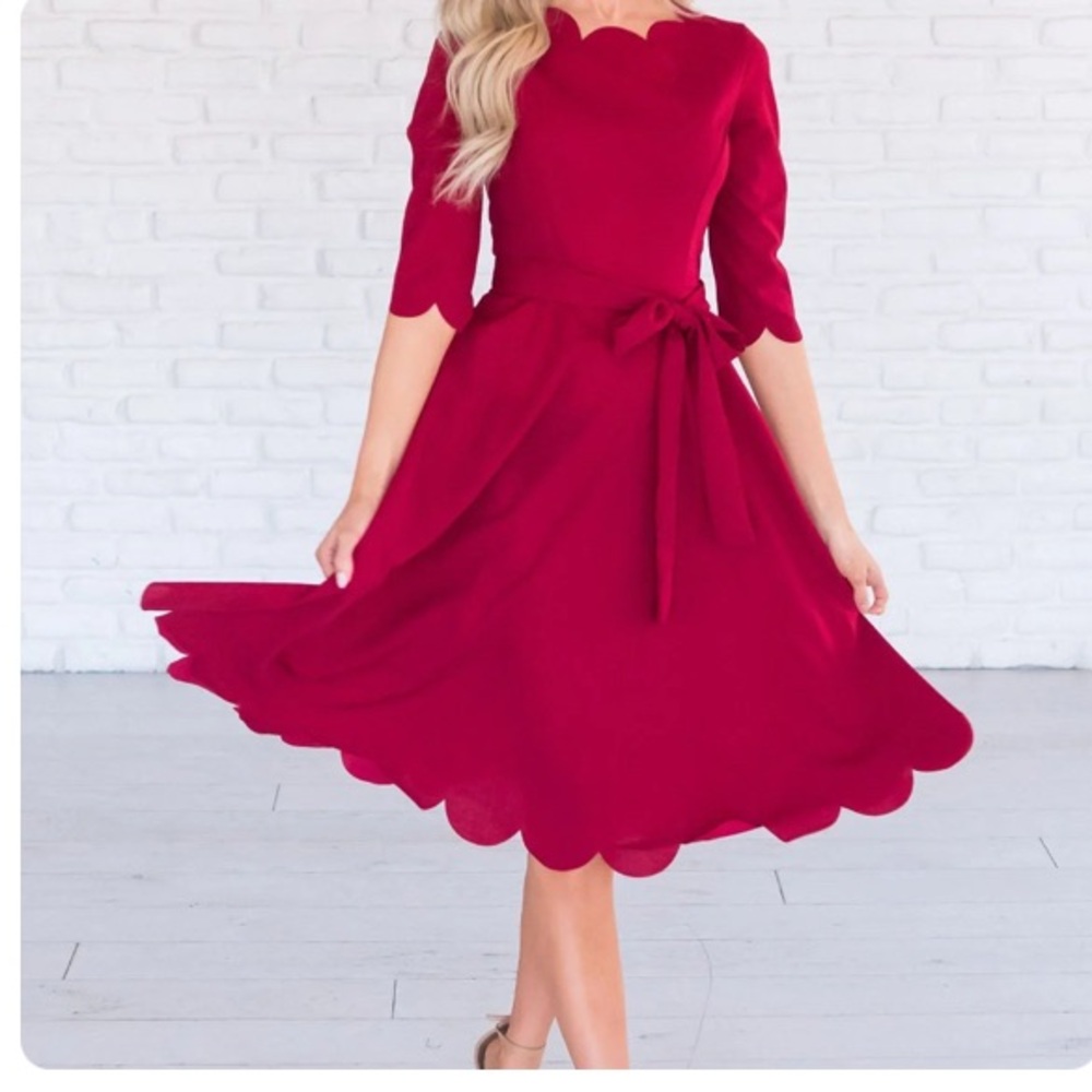 Elegant Red Scalloped Christmas Dress